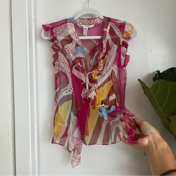 Diane von furstenberg 100% silk multicolor y2k button up frill tank blouse sz 4 - Picture 3 of 4